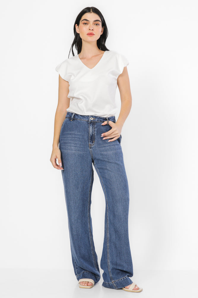 מכנס דנים רגל רחבה בצבע כחול