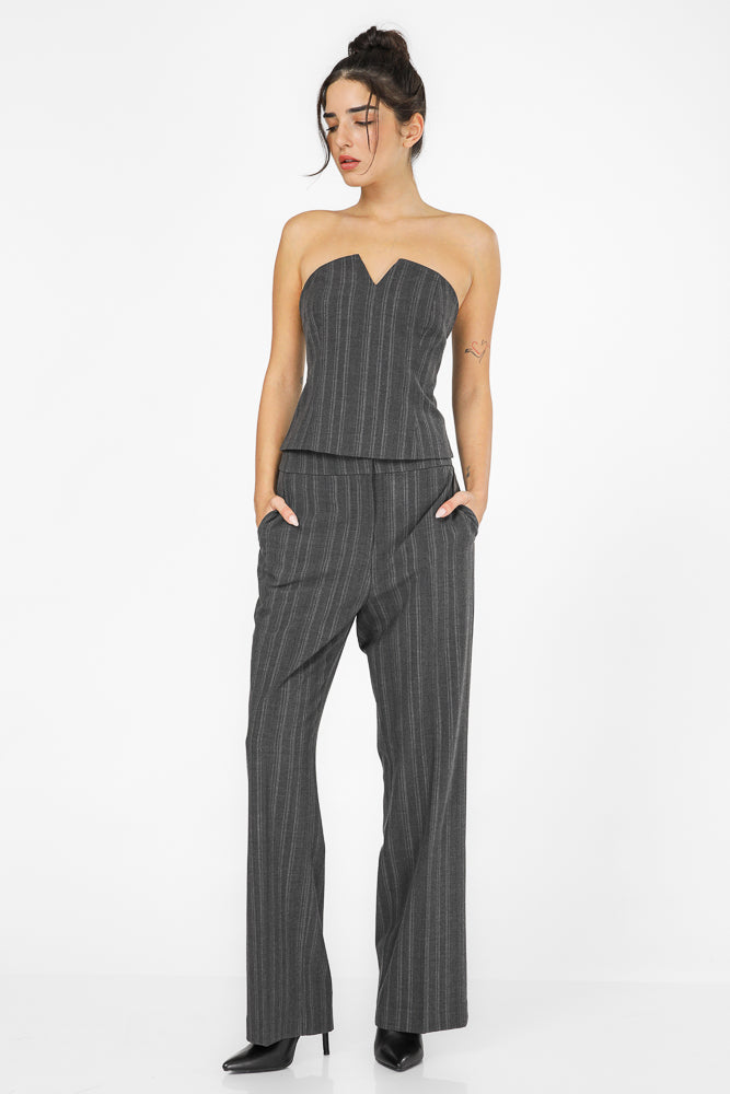 מכנסי פסים לנשים בגזרה רחבה בצבע אפור