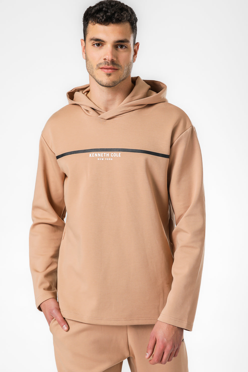 סווטשירט אינטרלוק בצבע כאמל פס בחזית