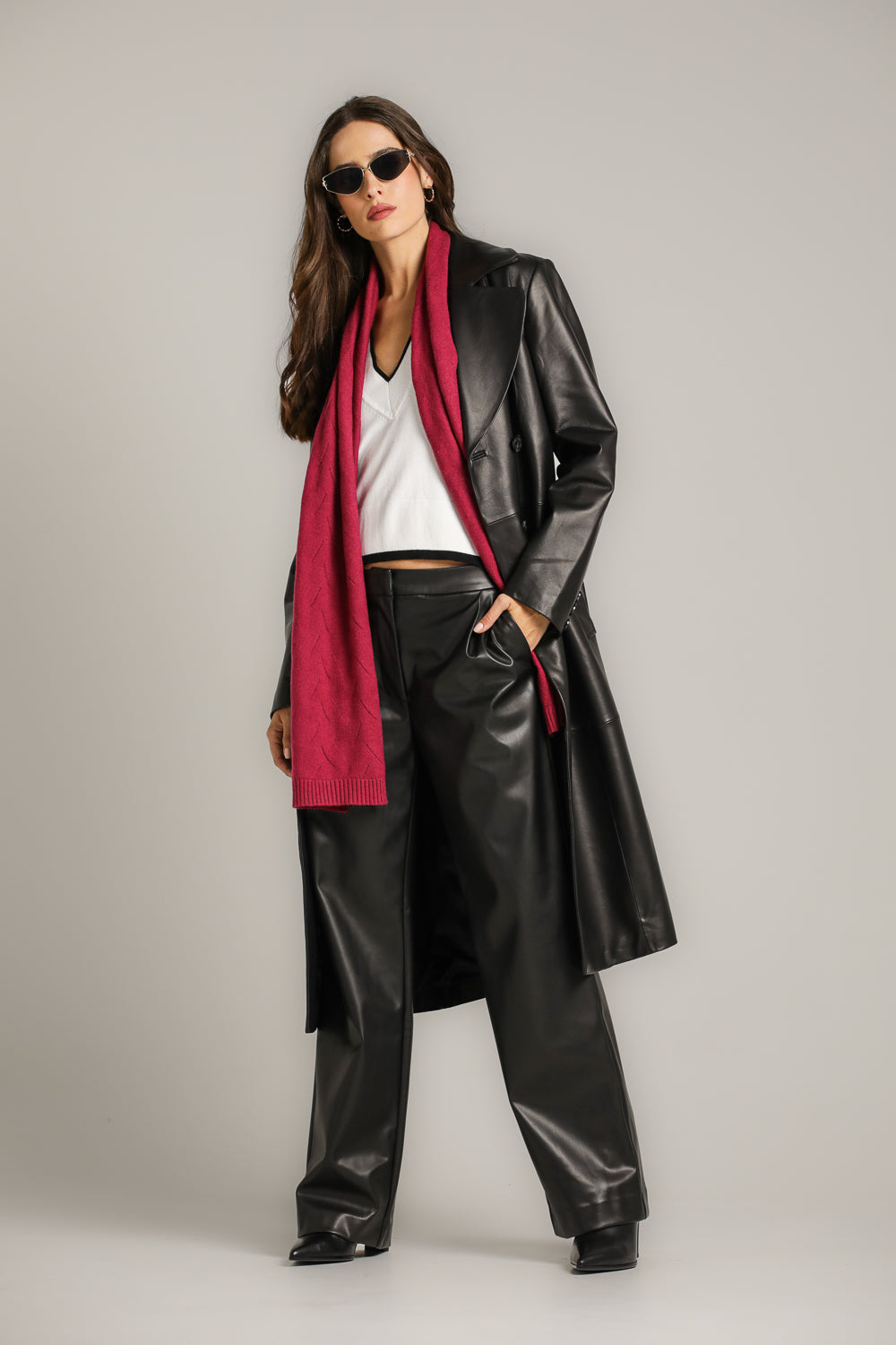 מעיל עור ארוך עם כפתרה מוצלבת | קנת קול