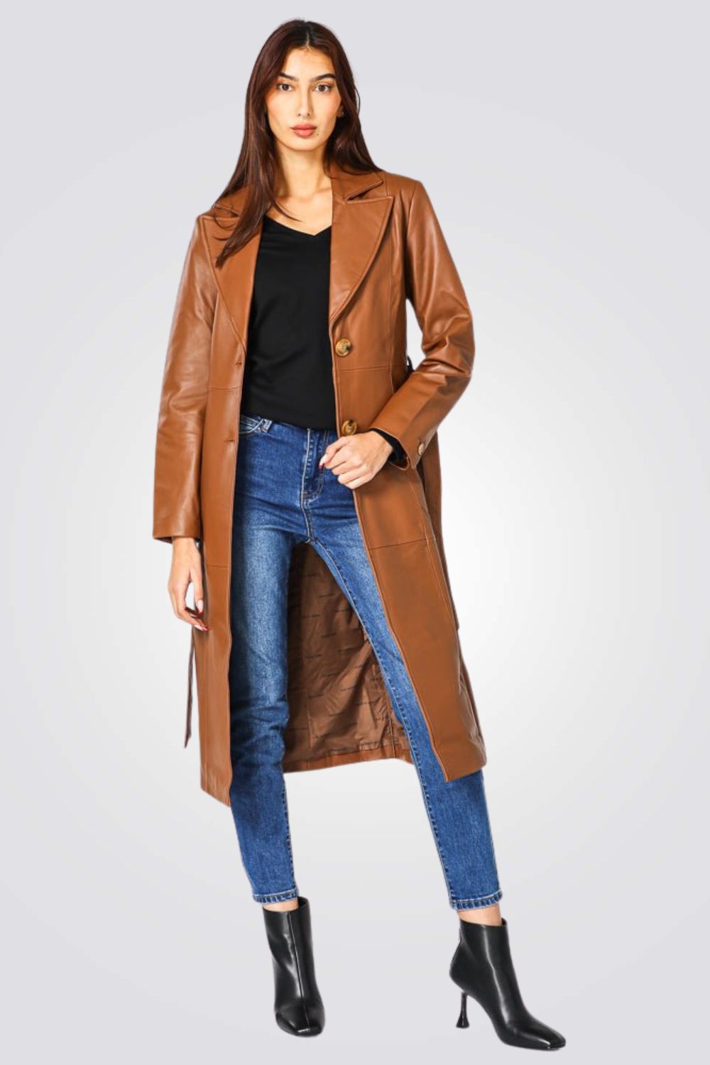 מעיל עור ארוך עור בצבע חום