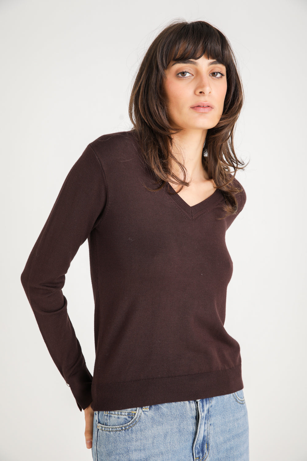 סריג עם צווארון V ושרוולים ארוכים לנשים | קנת קול