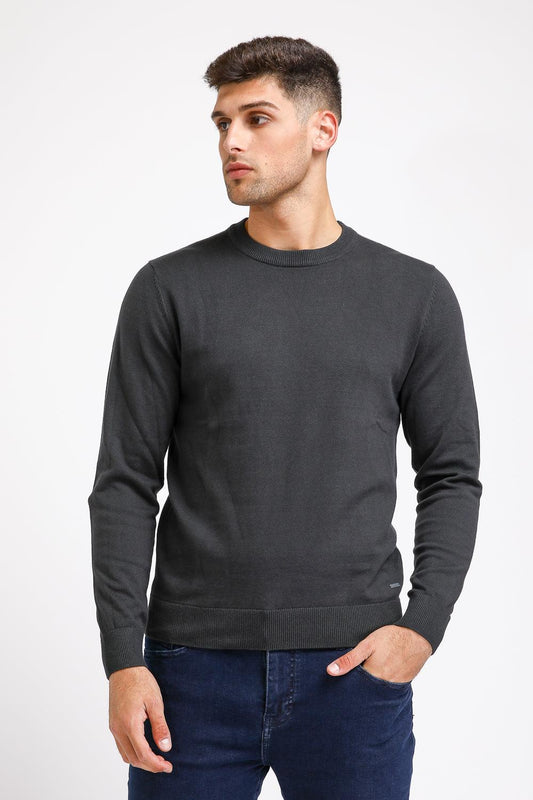 סריג כותנה בייסיק עם צווארון עגול בצבע אפור כהה - MASHBIR//365