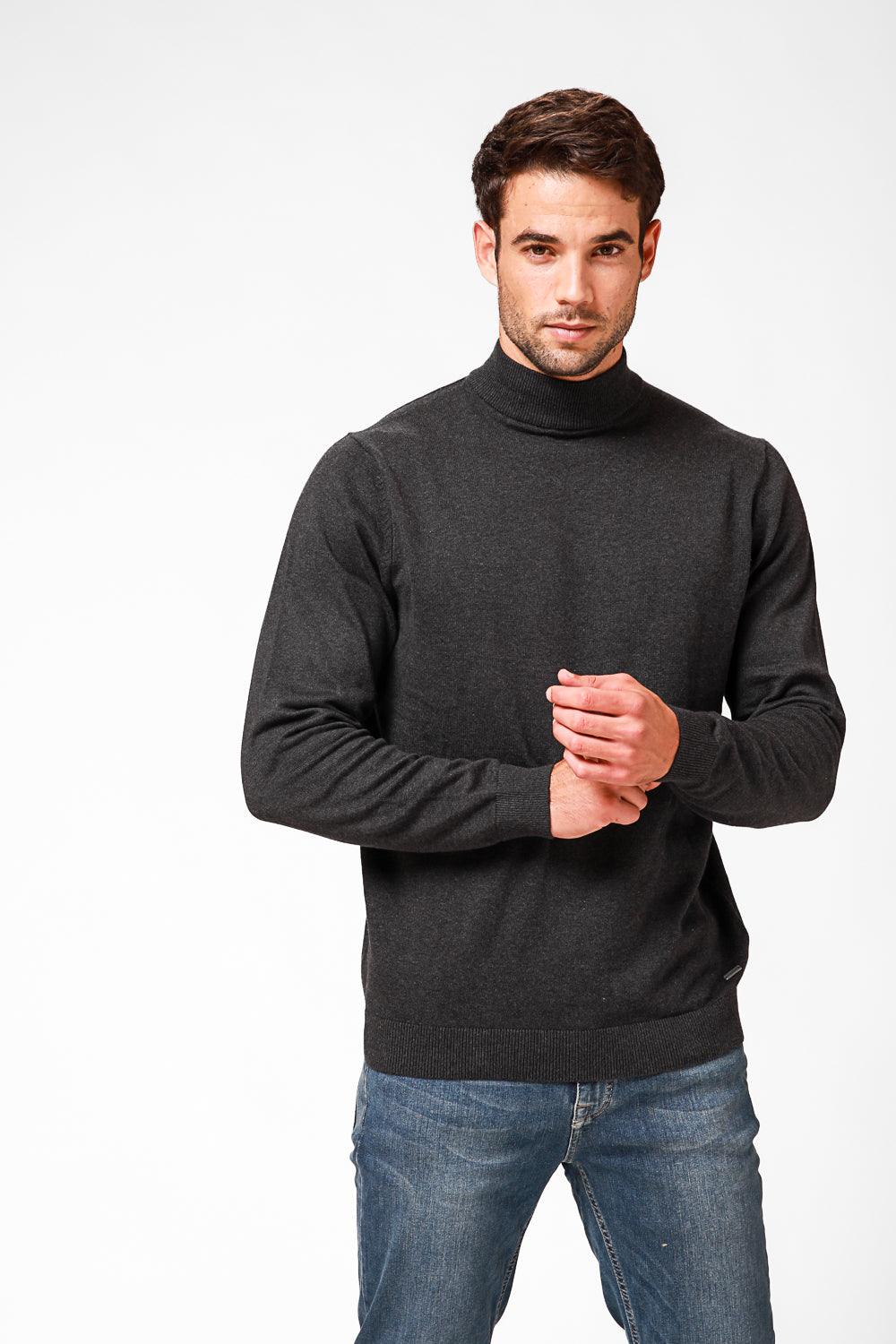 סריג כותנה בייסיק עם צווארון גולף קצר בצבע פחם - MASHBIR//365