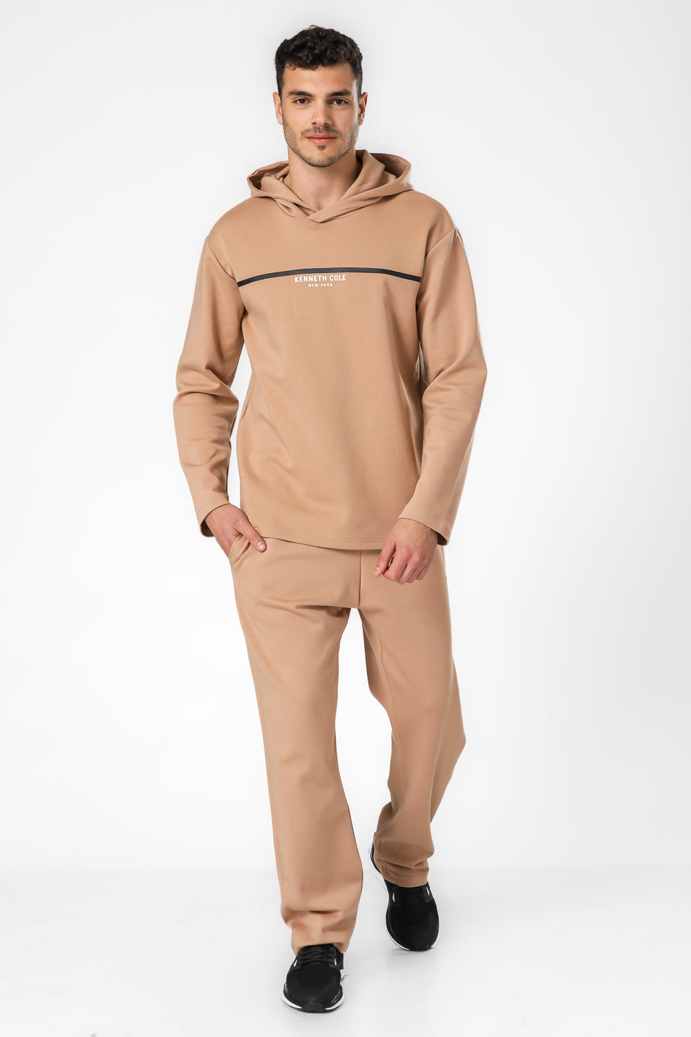 סווטשירט אינטרלוק בצבע כאמל פס בחזית