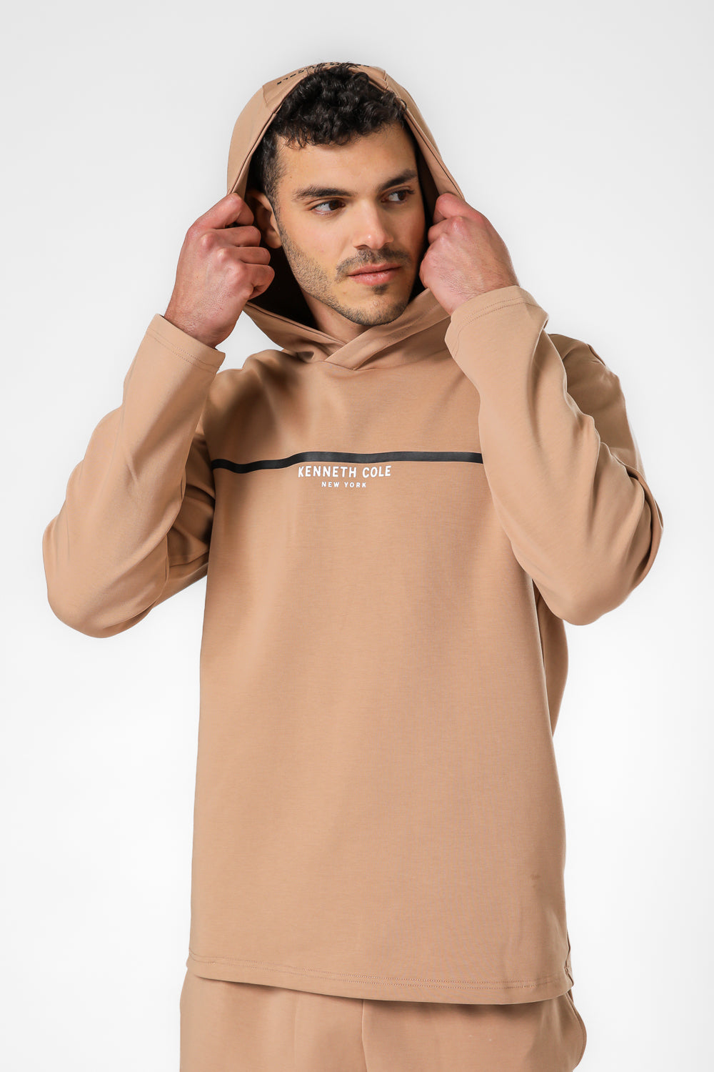 סווטשירט אינטרלוק בצבע כאמל פס בחזית