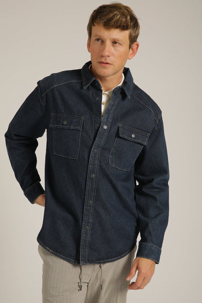 אוברשירט ג'ינס בצבע כחול כהה | קנת קול