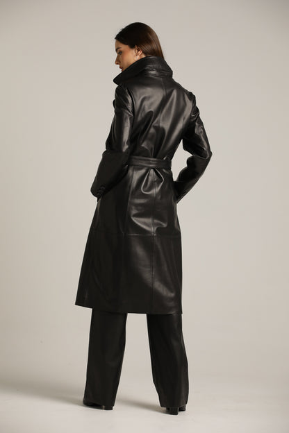 מעיל עור ארוך עם כפתרה מוצלבת | קנת קול