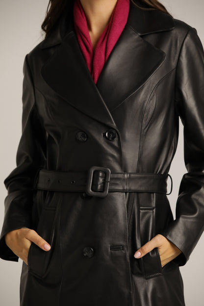 מעיל עור ארוך עם כפתרה מוצלבת | קנת קול