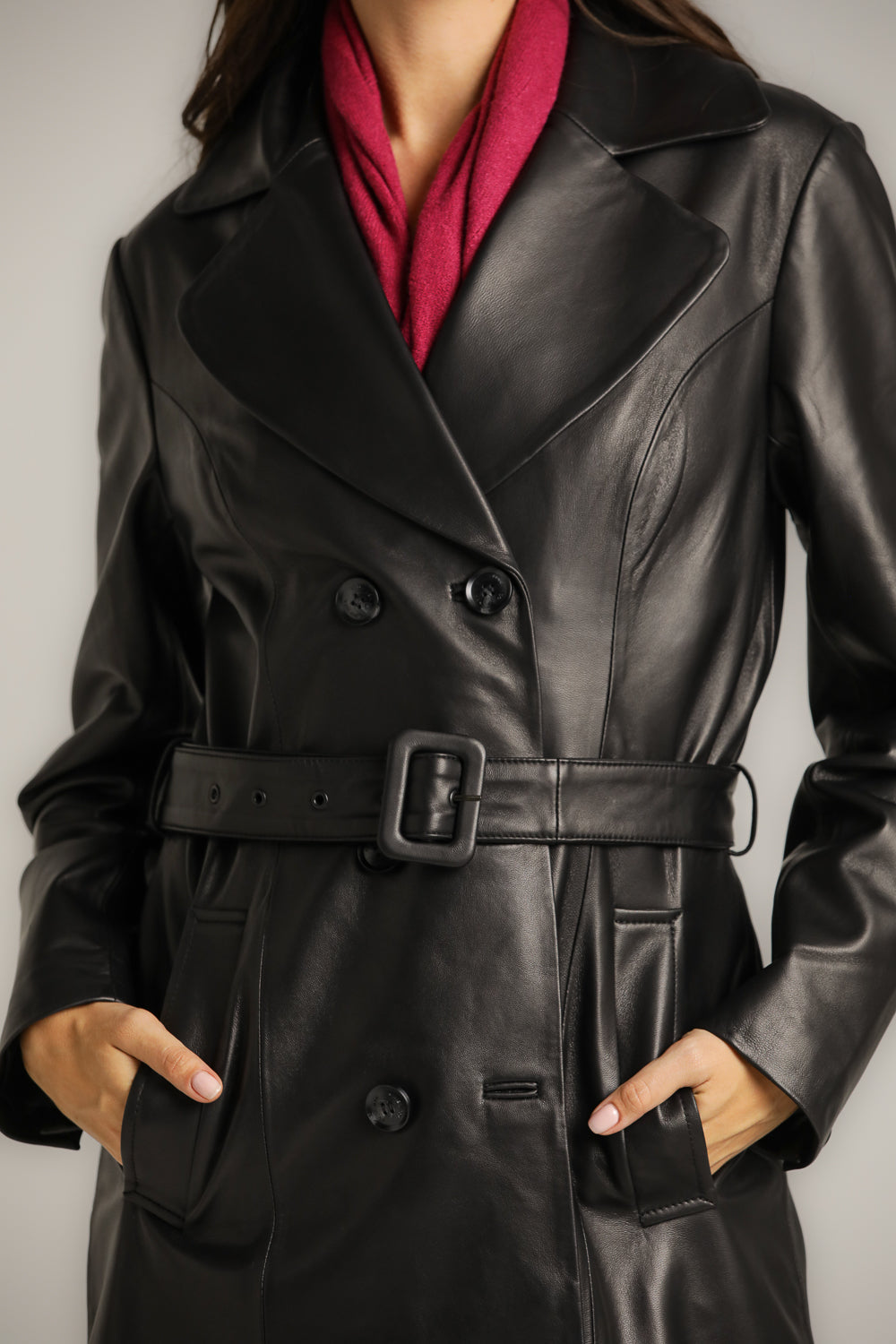 מעיל עור ארוך עם כפתרה מוצלבת | קנת קול