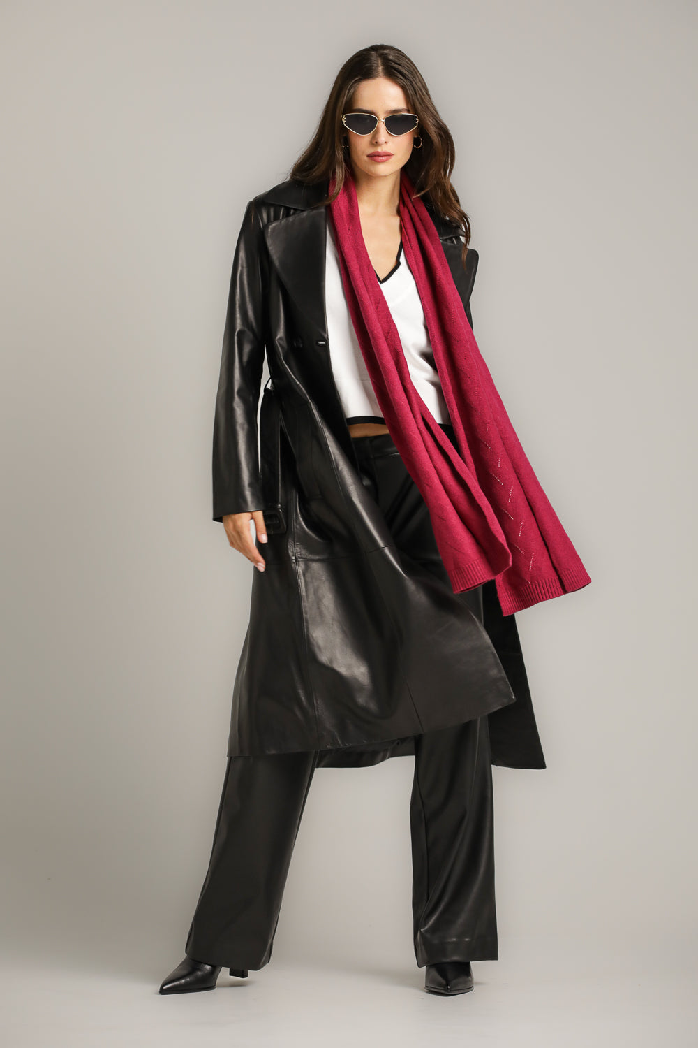 מעיל עור ארוך עם כפתרה מוצלבת | קנת קול