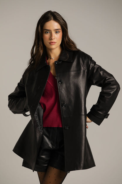 מעיל עור שחור בגזרה ישרה | קנת קול