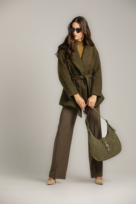 מעיל מחמם במראה צמרי בגוון ירוק זית | קנת קול
