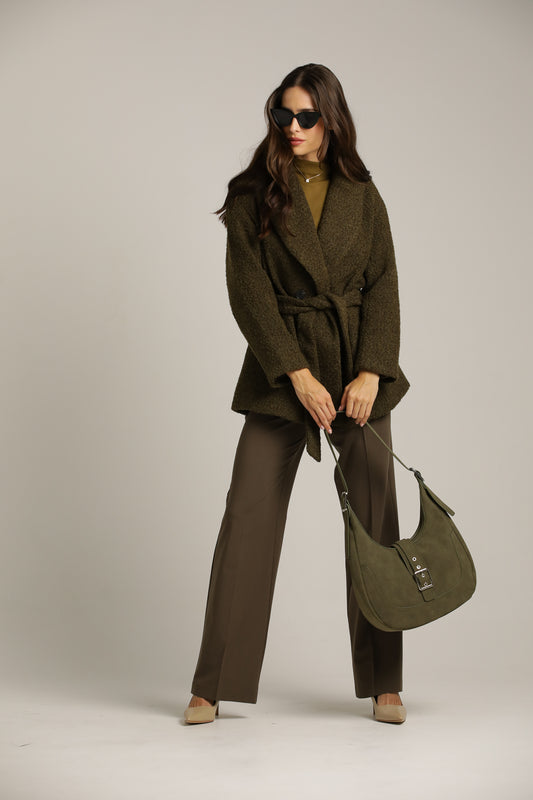 מעיל מחמם במראה צמרי בגוון ירוק זית | קנת קול