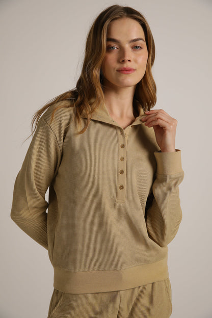 טישירט פולו ארוכה מבד וואפל | קנת קול