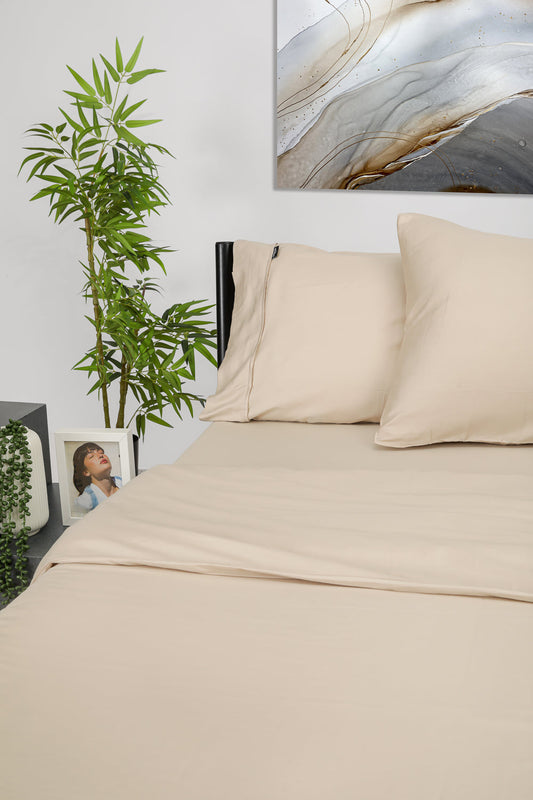 סדין מיטה יחיד  90/200 100% כותנה באריגת סאטן בצבע בז'