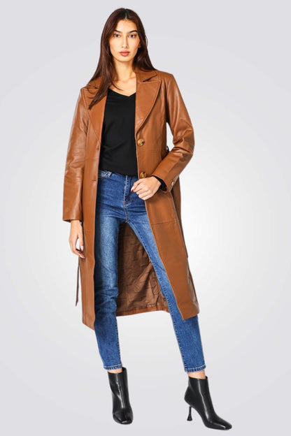 מעיל עור ארוך עור בצבע חום