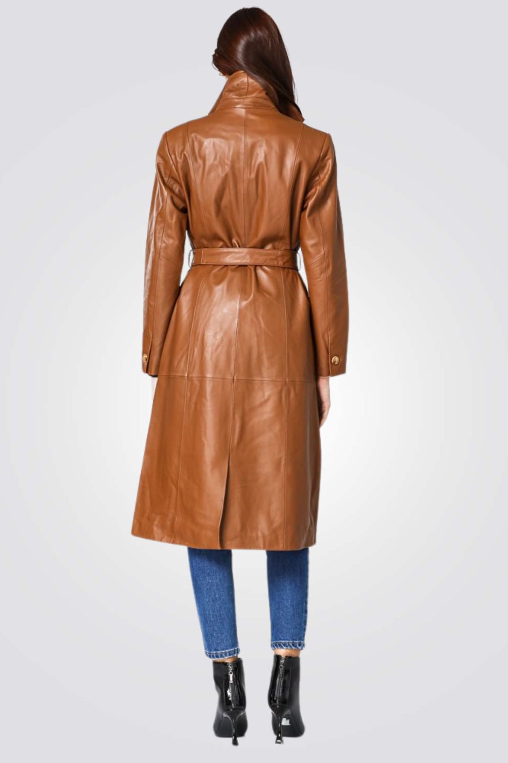 מעיל עור ארוך עור בצבע חום