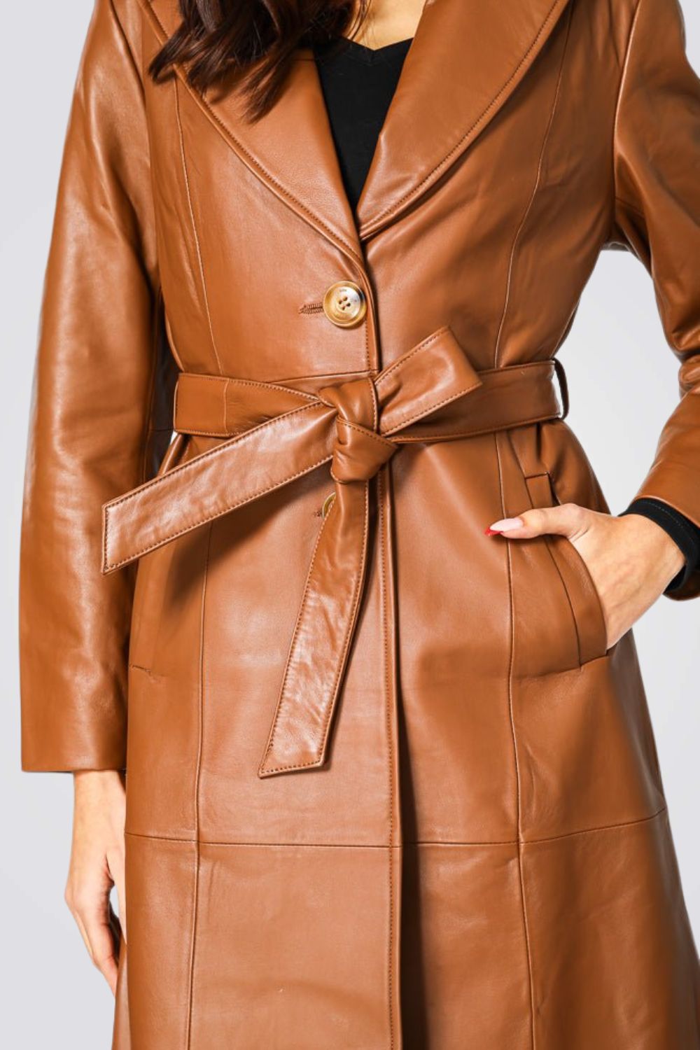 מעיל עור ארוך עור בצבע חום