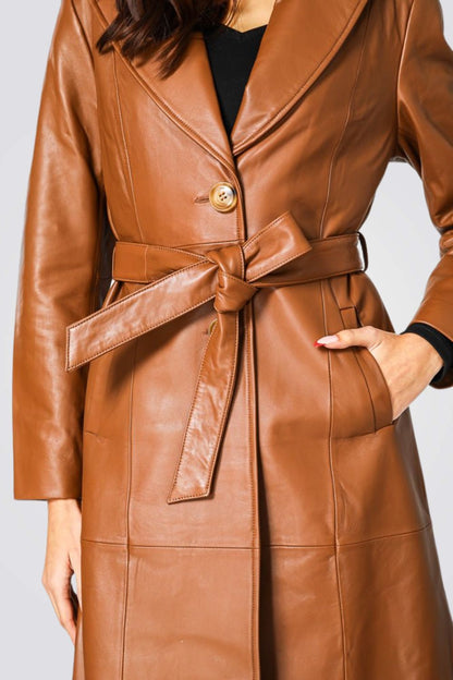 מעיל עור ארוך עור בצבע חום