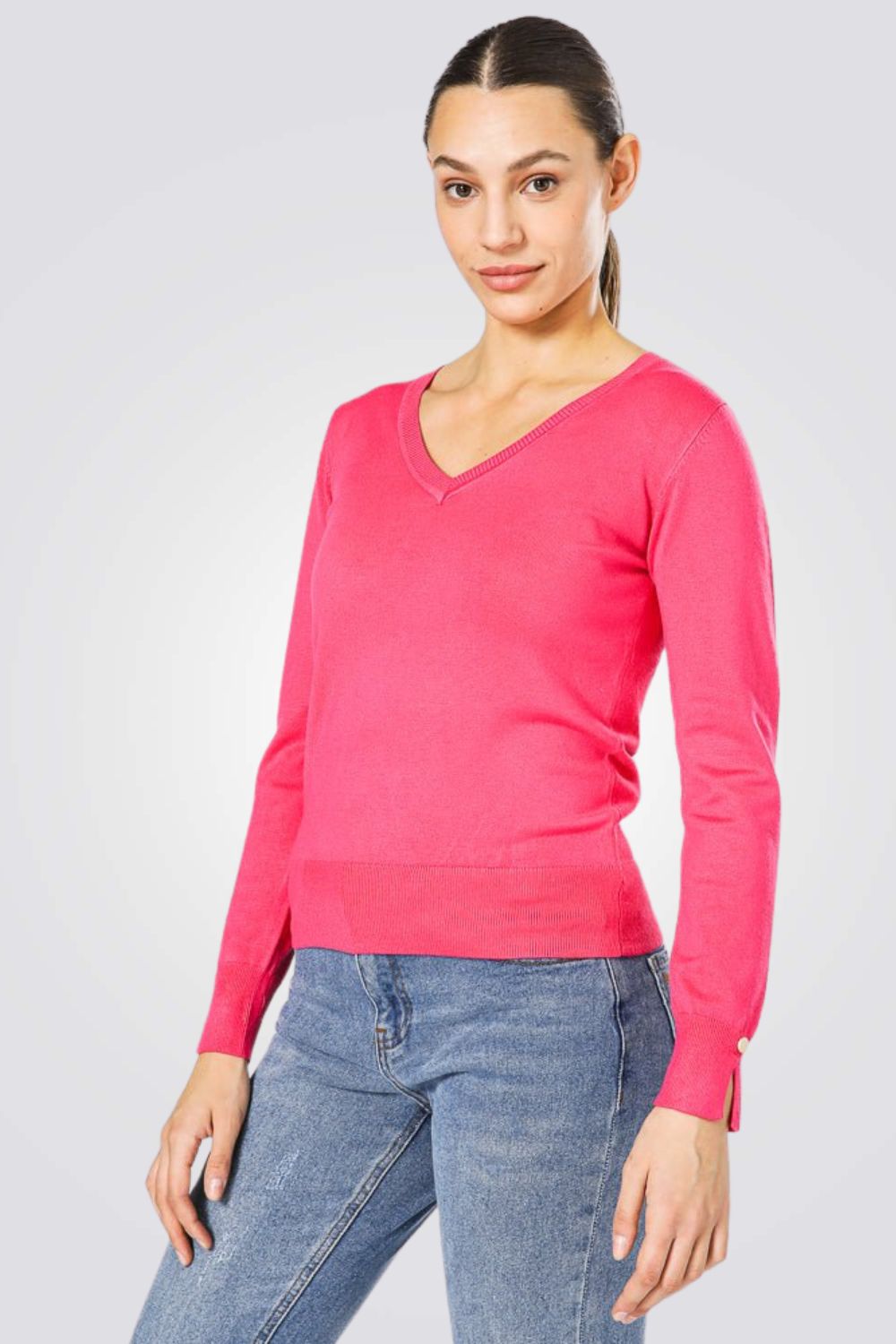  סריג קלאסי עם מפתח וי לנשים בצבע ורוד | קנת קול