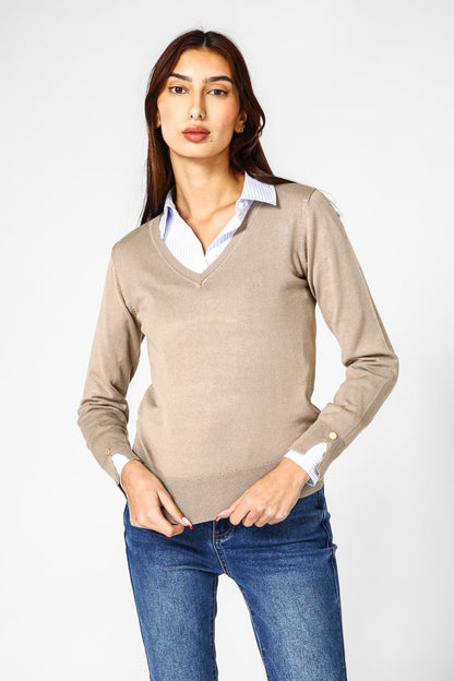 סריג קלאסי עם מפתח וי לנשים בצבע קאמל | קנת קול