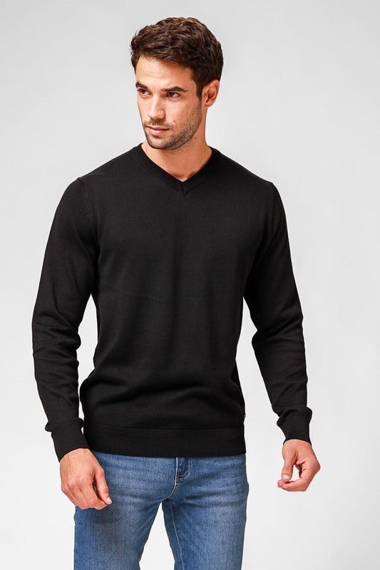 KENNETH COLE - סריג כותנה בייסיק צווארון V בצבע שחור - MASHBIR//365