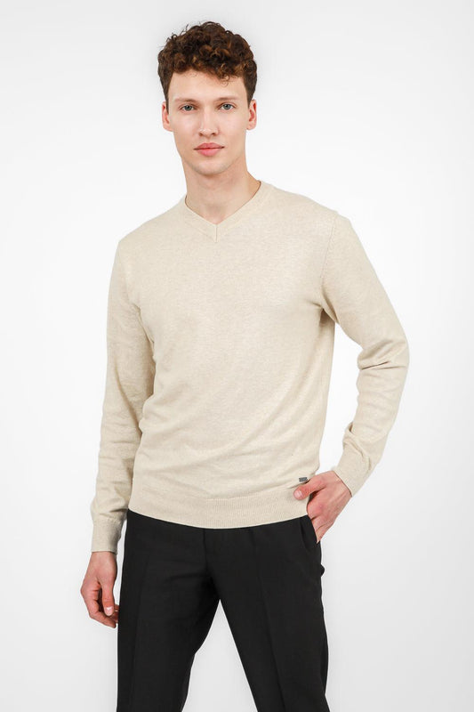 KENNETH COLE - סריג כותנה בייסיק צווארון V בצבע STONE - MASHBIR//365