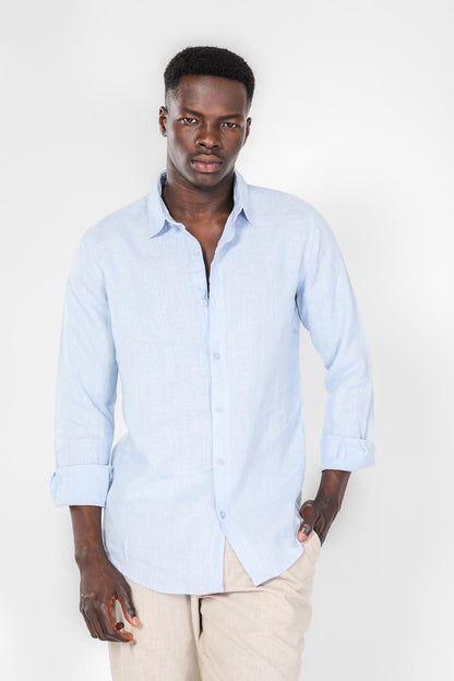 KENNETH COLE - חולצה מכופתרת פשתן בצבע תכלת - MASHBIR//365